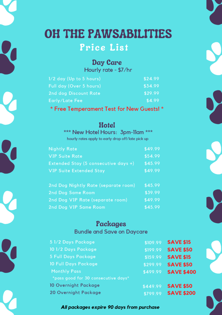Oh the Pawsabilities Price List, as of September 1, 2022